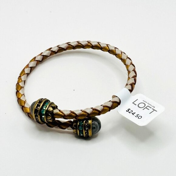 Ann Taylor LOFT Braided Leather Wrap Bracelet Gold White with Gemstone Ends NWT - Picture 1 of 4